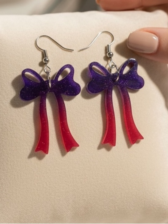 Angel Trumpet LLC Jewelry - Handmade Purple Pink Ombré Bow Resin Dangle Statement Earrings